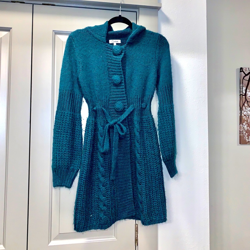 Carducci Teal Hooded Long Cardigan Vintage Small
